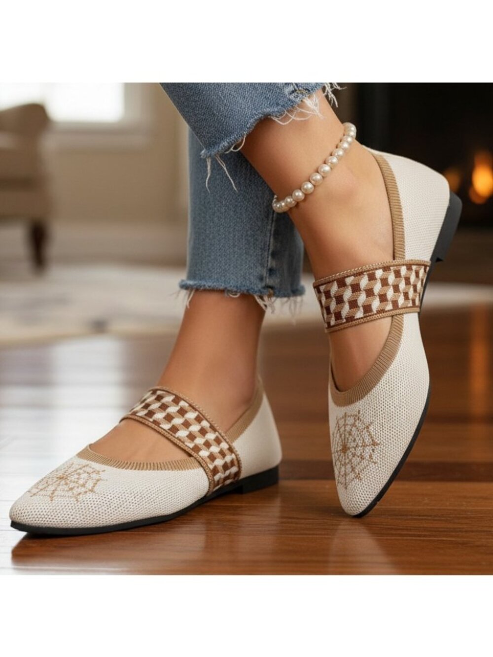 Spider Web Knit Pointed Toe Mary Jane Wide Strap Ballet Flats Slip-On Shoes